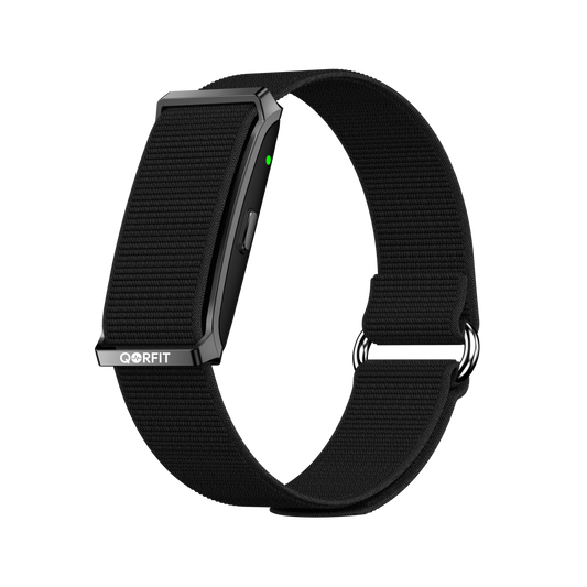 Black Qorfit Pulse Smart Health Tracker with a visible brand logo on a white background
